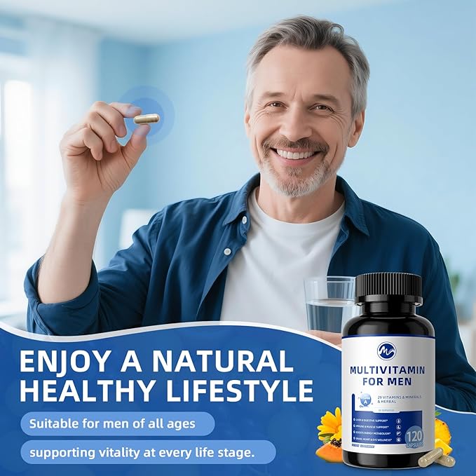 Multivitamin for Men - Daily Mens Multivitamins with Vitamin D, Zinc, Methylcobalamin B12, Folic Acid, Lycopene and Prebiotics for Men's Wellness, Immune Support, Energy and Vitality, 120 Capsules