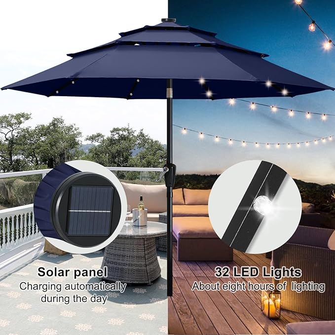 ABCCANOPY Solar Led Patio Umbrella 3-Tiers 11FT (Tibetan Blue)