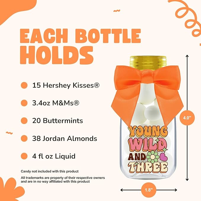 Small 12 Pack Young Wild and Three Party Favors - DIY Candy Jars with Ribbons and Stickers - Funky Groovy Party Decoration Bottles for 3rd Birthday for Boy or Girl - Retro Table Centerpieces
