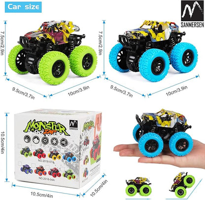 M SANMERSEN Monster Truck Toys for Ages 2-4, Friction Cars for Toddlers 1-3 Push and Go 360° Rotating Stunt Car for 2+ Year Old Boys Girls Gifts (2 Pack - Blue and Green)