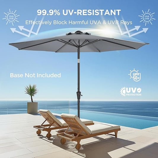 9ft Outdoor Patio Umbrella - UPF50+ UV Protection Market Patio Table Umbrella with Push Button Tilt, Crank and 8 Sturdy Ribs for Pool Deck and Garden (Grey, No base)