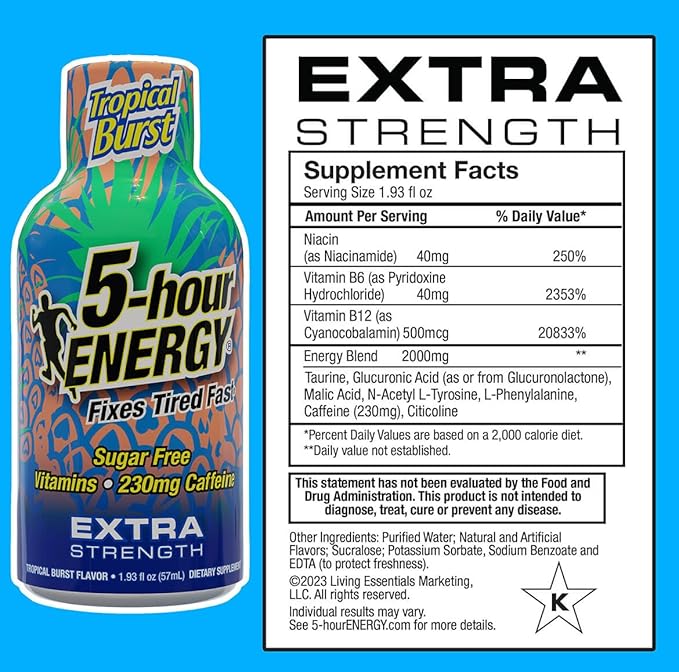 5-Hour ENERGY Shots Extra Strength | Tropical Burst Flavor | 1.93 oz. 30 Count | Sugar Free, Zero Calories | Amino Acids and Essential B Vitamins | Dietary Supplement | Feel Alert and Energized