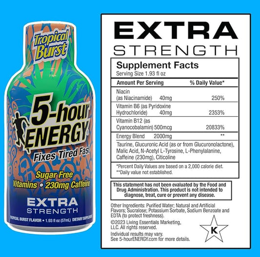 5-Hour ENERGY Shots Extra Strength | Tropical Burst Flavor | 1.93 oz. 30 Count | Sugar Free, Zero Calories | Amino Acids and Essential B Vitamins | Dietary Supplement | Feel Alert and Energized