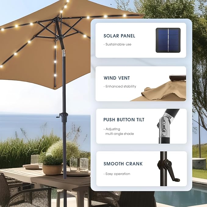 wikiwiki 7.5ft Solar Led Patio Umbrella, Sturdy Outdoor Market Umbrella for Deck, Pool, Garden w/Tilt, Crank, 18 LED Lights, Tan