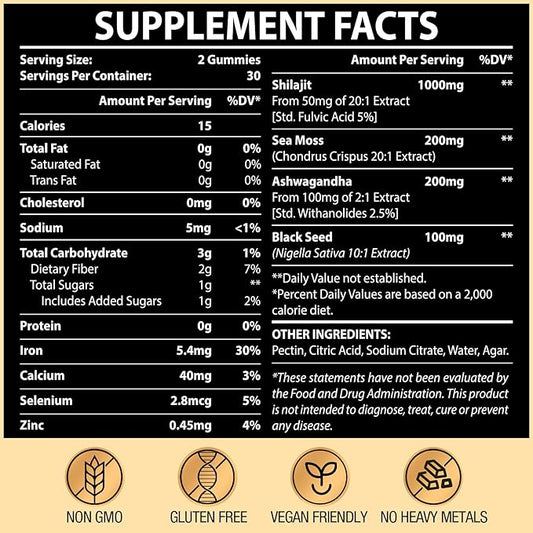 1500MG Shilajit Gummies for Men & Women, Shilajit Pure Himalayan Organic, with Ashwagandha, Sea Moss, Black Seed, Rich in Fulvic Acid, 85+ Trace Minerals, Authentic Flavor, 100% Natural, 60 Gummies