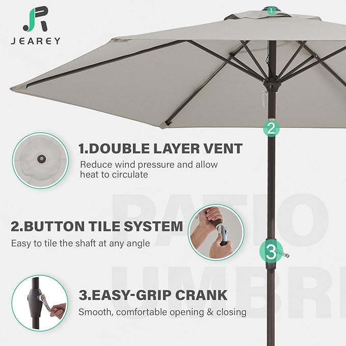 JEAREY 7.5FT Patio Umbrella Market Table Umbrella with 6 Sturdy Ribs, Push Button Tilt/Crank Outdoor Umbrella for Garden, Deck, Backyard, Pool and Beach,Light Grey