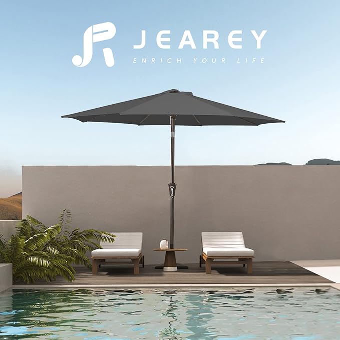 JEAREY 9FT Outdoor Patio Umbrella Outdoor Table Umbrella with Push Button Tilt and Crank, Market Umbrella 8 Sturdy Ribs UV Protection Waterproof for Garden, Deck, Backyard, Pool (Dark Gray)