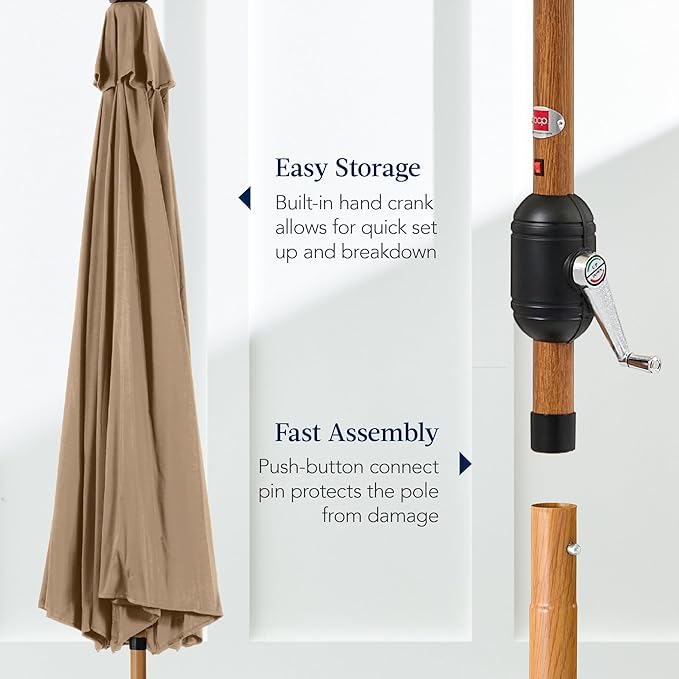 Best Choice Products 10ft Solar Market Patio Umbrella w/Woodgrain Pattern Pole, LED Lights, Tilt & Crank – Outdoor Sun Shade for Backyard Table, Deck, Poolside – Tan