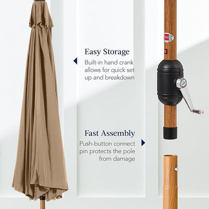 Best Choice Products 10ft Solar Market Patio Umbrella w/Woodgrain Pattern Pole, LED Lights, Tilt & Crank – Outdoor Sun Shade for Backyard Table, Deck, Poolside – Tan