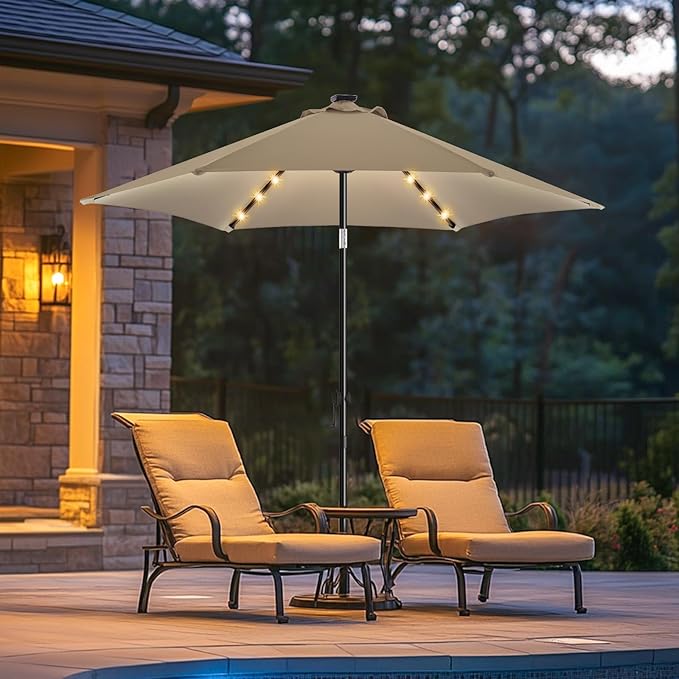 wikiwiki 7.5ft Solar Led Patio Umbrella, Sturdy Outdoor Market Umbrella for Deck, Pool, Garden w/Tilt, Crank, 18 LED Lights, Tan