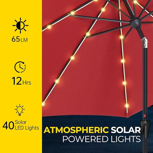Tempera Solar Patio Umbrella 40 LED Lighted Outdoor Umbrella Table Market Umbrella with Push Button Tilt and Crank, Solar Umbrella with Sturdy Pole&Fade Resistant Canopy, Easy to Set