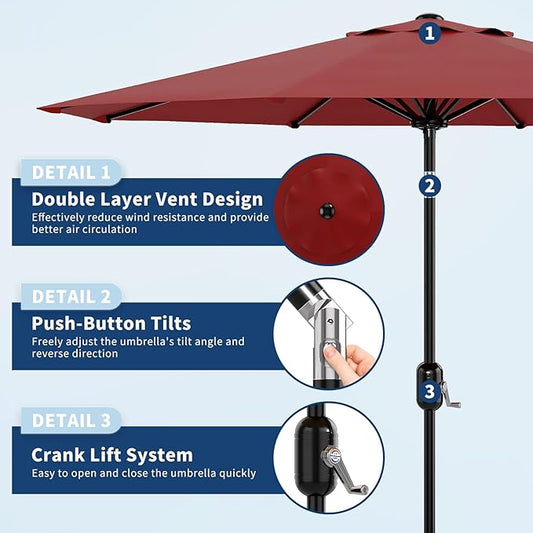 10Ft Patio Umbrella - 8 Sturdy Ribs Outdoor Table Umbrella with Crank Lift & Push Button Tilt - Market Umbrella for Pool, Deck, Yard, Garden - Red