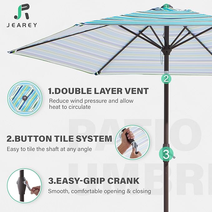 JEAREY 7.5FT Patio Umbrella Market Table Umbrella with 6 Sturdy Ribs, Push Button Tilt/Crank Outdoor Umbrella for Garden, Deck, Backyard, Pool and Porch,Elegant Blue-White
