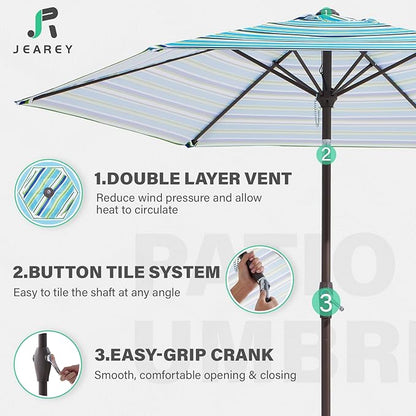 JEAREY 7.5FT Patio Umbrella Market Table Umbrella with 6 Sturdy Ribs, Push Button Tilt/Crank Outdoor Umbrella for Garden, Deck, Backyard, Pool and Porch,Elegant Blue-White