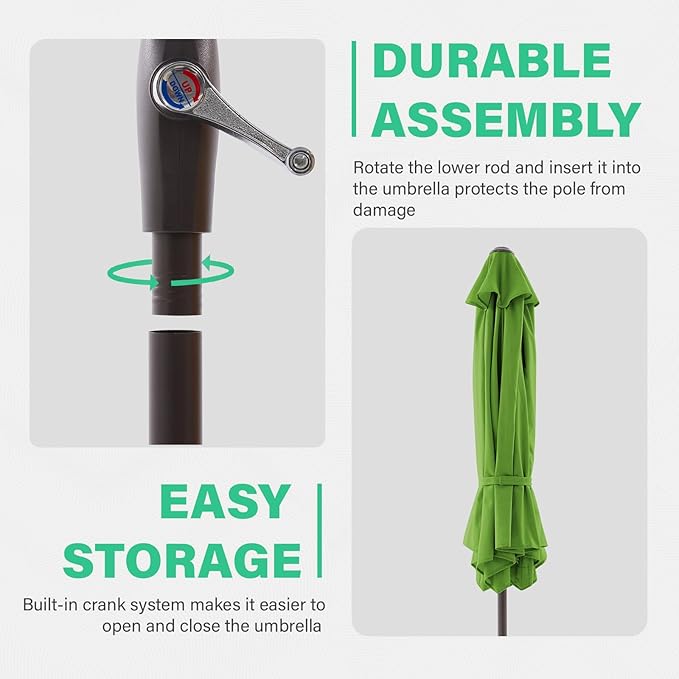 JEAREY 7.5FT Patio Umbrella Market Table Umbrella with 6 Sturdy Ribs, Push Button Tilt/Crank Outdoor Umbrella for Garden, Deck, Backyard, Pool and Beach,Grass Green