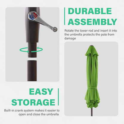 JEAREY 7.5FT Patio Umbrella Market Table Umbrella with 6 Sturdy Ribs, Push Button Tilt/Crank Outdoor Umbrella for Garden, Deck, Backyard, Pool and Beach,Grass Green