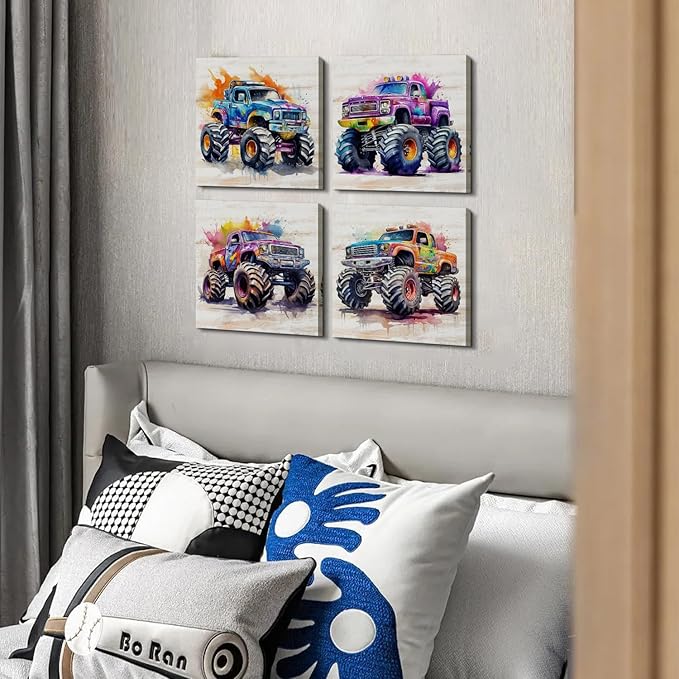 Rustic Monster Truck Room Decor for Boys Kids Bedroom Hot Wheels Wall Art Colorful Car Posters Vehicle Pictures Canvas Prints Modern Artwork Playroom School Home Decoration Children Gifts 12×12" 4 Pcs