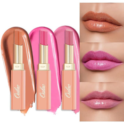 Oulac Moisture Shine Lipsticks Set - Red Orange Purple 3Pcs | Ultra Hydrating Juicy & Glossy, Soild Lip Gloss, Lightweight Smooth, Natural Look Best for Dry, Cracked and Chapped Lips, Vegan (05+06+07)