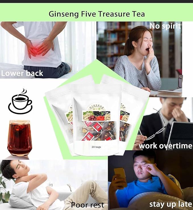 Ginseng Five Treasures Tea Kidney Tea - Kidney Cleanse Ginseng Six Treasures Teas, 6 Precious Ingredients Red Date Wolfberry Mulberry Natural Organic Detox Teabag for Women & Men (1 Bag(20 Teabag))