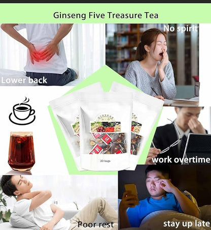 Ginseng Five Treasures Tea Kidney Tea - Kidney Cleanse Ginseng Six Treasures Teas, 6 Precious Ingredients Red Date Wolfberry Mulberry Natural Organic Detox Teabag for Women & Men (1 Bag(20 Teabag))