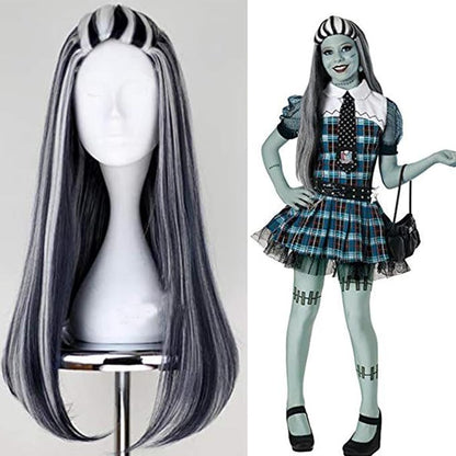 Monster Frankie Stein Wig High School Frankie Stein Cosplay Black And White Wig with Ponytail Long Straight Heat Resistant Costume Wig