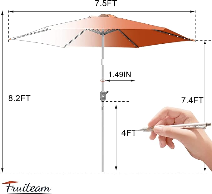FRUITEAM 7.5' Solar 24 LED Lighted Umbrella-Solar Umbrella Lawn and Garden w/Easy Tilt Adjustment, Market Umbrella Adjustment and Crank Lift System for Patio
