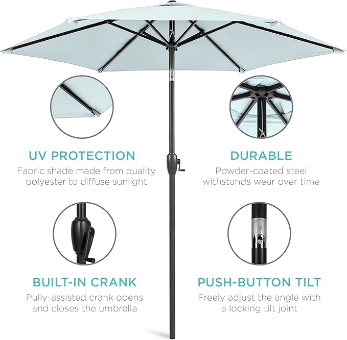 Best Choice Products 7.5ft Heavy-Duty Round Outdoor Market Table Patio Umbrella w/Steel Pole, Push Button Tilt, Easy Crank Lift - Baby Blue