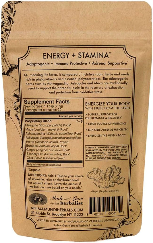 Anima Mundi Qi Energy + Protein Superfood Powder - Adaptogenic Adrenal Support Supplement Powder with Ashwagandha and Slippery Elm - Mood and Energy Support Supplement and Protein Powder (8oz / 227g)