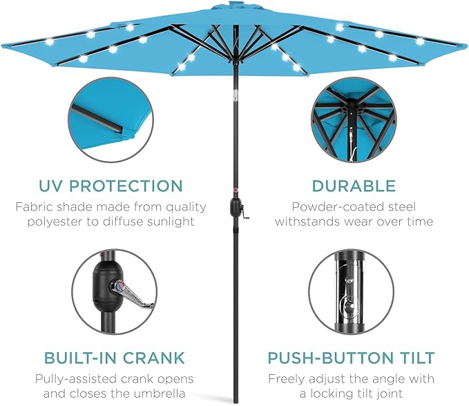 Best Choice Products 10ft Solar Polyester LED Lighted Patio Umbrella w/Tilt Adjustment and UV-Resistant Fabric - Sky Blue