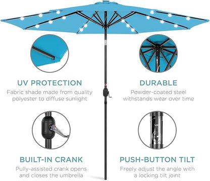 Best Choice Products 10ft Solar Polyester LED Lighted Patio Umbrella w/Tilt Adjustment and UV-Resistant Fabric - Sky Blue