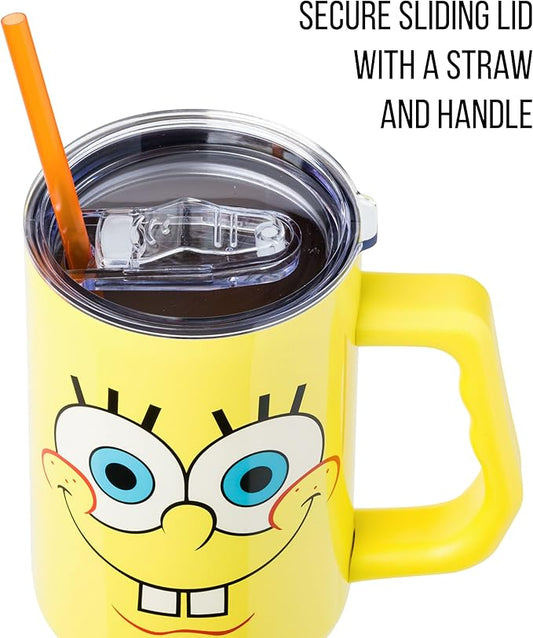 Silver Buffalo Spongebob Squarepants Smiling Face Stainless Steel Tumbler with Handle and Straw, Fits in Standard Cup Holder, 40 Ounces
