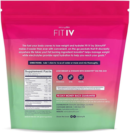 SkinnyFit FIT IV Hydrating Electrolytes Plus Weight Managing Innoslim, Vitamin B12 & Vitamin C, Rapid Hydration, Healthy Aging, 24 Servings