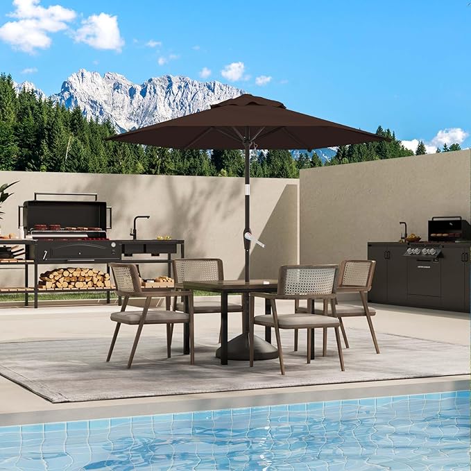 7.5FT Patio Umbrella Table Market Umbrella w/Tilt and Crank Heavy-Duty Round Outdoor Umbrellas for Garden, Deck, Backyard, Pool and Beach, Brown