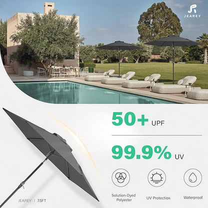 JEAREY 7.5FT Patio Umbrella Market Table Umbrella with 6 Sturdy Ribs, Push Button Tilt/Crank Outdoor Umbrella for Garden, Deck, Backyard, Pool and Beach,Gray