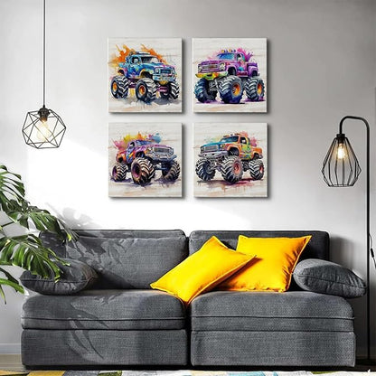 Monster Truck Canvas Wall Art Watercolor Cartoon Car Color Racing Painting Vintage Car Posters Kids Boys Room Wall Decor Trucks Poster for Boy Bedroom Nursery Paintings Children Gifts Framed 20×20"x4