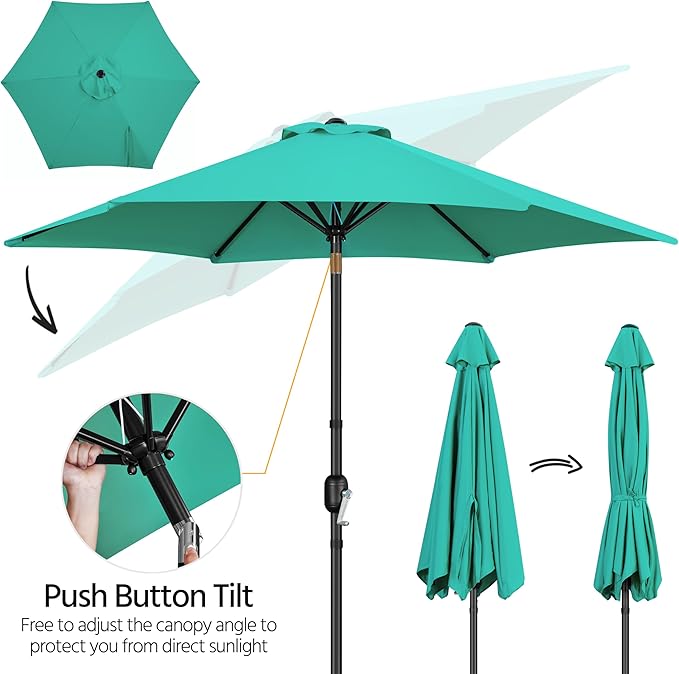 Yaheetech Patio Umbrella, 9FT Outdoor Table Market Umbrella with Push Button Tilt and Crank, Yard Sun Shade with Sturdy Ribs for Garden, Deck, Backyard, Pool, Turquoise