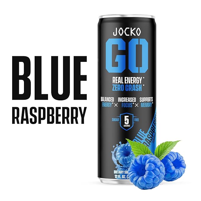 Jocko Fuel Blue Raspberry Energy Drink, 12 Pack, 0 Sugar, 95mg Caffeine, Supports Brain Health