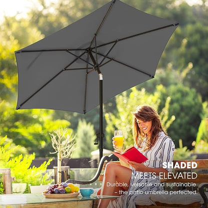 wikiwiki 7.5 FT Patio Umbrellas Outdoor Table Market Umbrella with Push Button Tilt/Crank, 6 Sturdy Ribs, Fade Resistant Waterproof POLYESTER DTY Canopy for Garden, Lawn, Backyard & Pool, Dark Gray