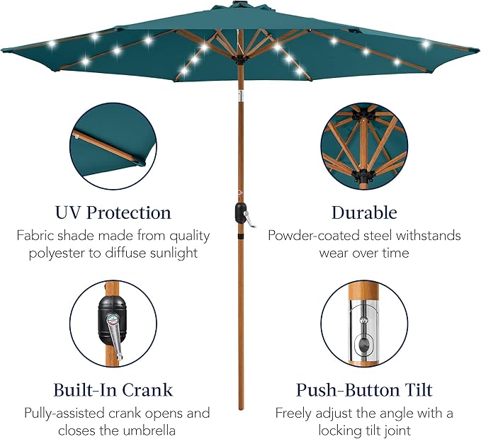 Best Choice Products 10ft Solar Market Patio Umbrella w/Woodgrain Pattern Pole, LED Lights, Tilt & Crank – Outdoor Sun Shade for Backyard Table, Deck, Poolside – Cerulean