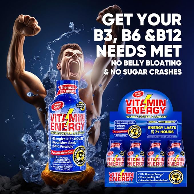 Vitamin Energy B12 Energy Shots | Natural Healthy Energy & Focus Drink | Sugar-Free Carb-Free Supplement | Vitamins B6, B12 | Energize up to 7+ Hours | Acai Pomegranate - 1.93 fl oz - Pack Of 48