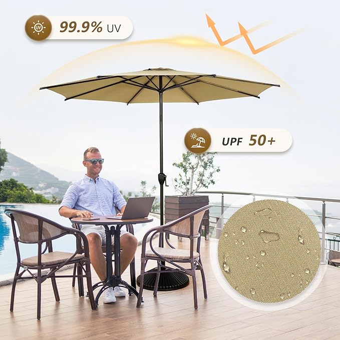 Abba Patio 11FT Lyon Outdoor Patio Umbrella Outdoor Table Umbrella with Push Button Tilt and Crank Market Umbrella 8 Sturdy Ribs UV Protection Waterproof for Garden Deck Backyard Pool Tan