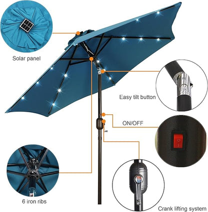 Blissun 7.5 ft Solar Umbrella, 18 LED Lighted Patio Umbrella, Table Market Umbrella