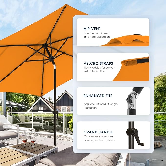 wikiwiki 7.5 FT Patio Umbrellas Outdoor Table Market Umbrella with Push Button Tilt/Crank, 6 Sturdy Ribs, Fade Resistant Waterproof POLYESTER DTY Canopy for Garden, Lawn, Deck, Backyard & Pool, Orange