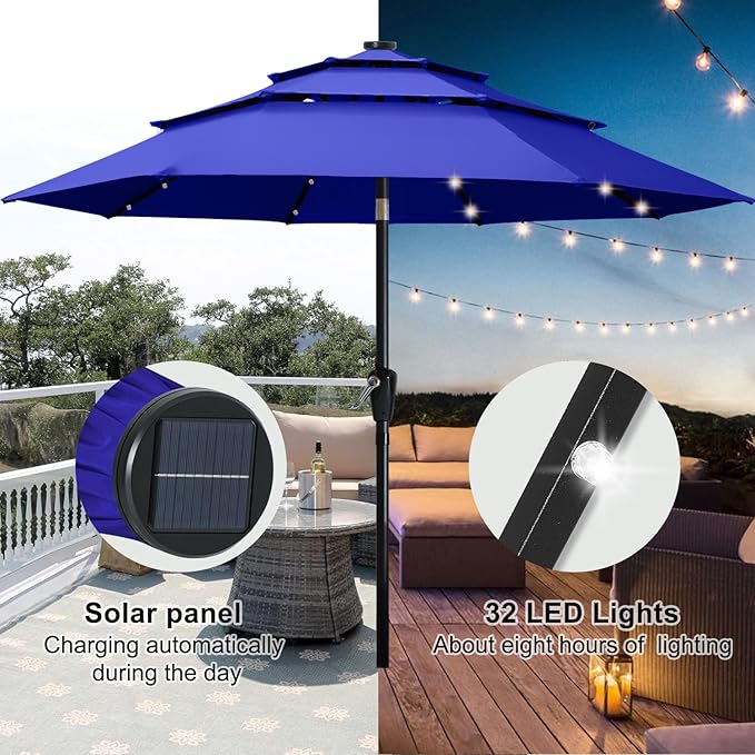 ABCCANOPY Solar Led Patio Umbrellas 3-Tiers 9FT (Blue)