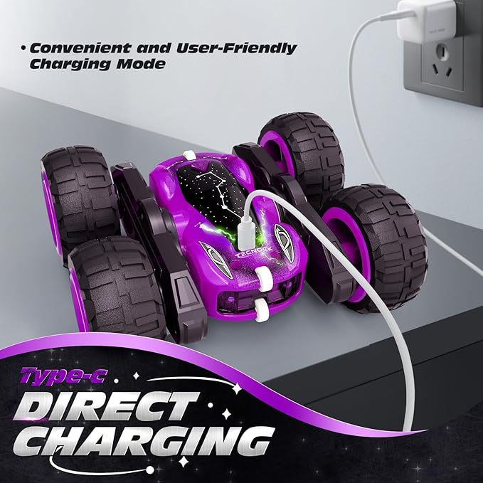 Tecnock Remote Control Car for Kids, 2.4GHz RC Car with USB-C Easy Charging, 4WD Double Sided 360° Rotates and Flips RC Stunt Car, Toys Gift for Boys and Girls