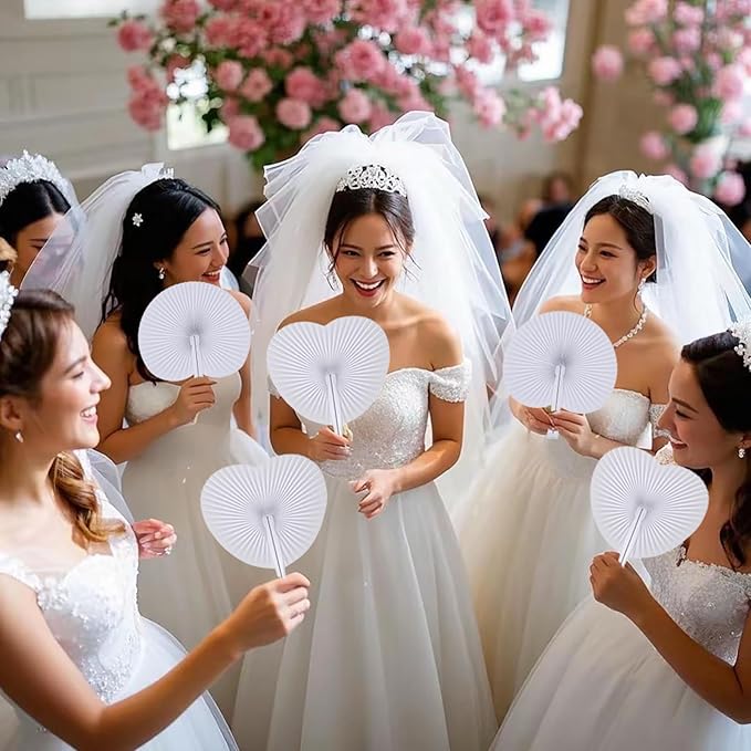150 Packs Decorative Paper Folding Hand Fans Handheld,White Heart Wedding Foldable Fans Chinese and Japanese Fans Bulk for Bridal Guest Church Party Favors Dancing Birthday DIY