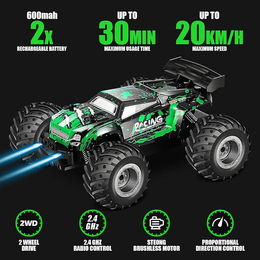 Remote Control Car, 2.4GHz High Speed 18KM/H Monster Truck Toys, 4WD RC Car with 2 Rechargeable Batteries, 200ft Range, 1:20 Scale All Terrain RC Cars, Toys Gifts for Kids and Adults - LED Headlights