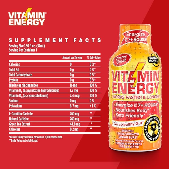 Vitamin Energy Immune+ Extra Strength Energy Shot – Orange Burst – 100% DV B-Vitamins & 260mg Caffeine – Zero Calories, Sugar-Free, Vegan, – Immunity & Energy Support – 1.93 fl oz, 24-Pack