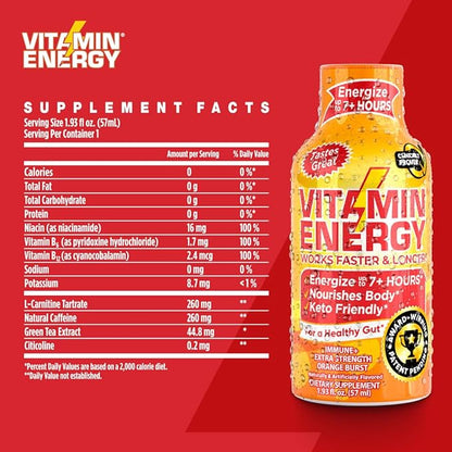 Vitamin Energy Immune+ Extra Strength Energy Shot – Orange Burst – 100% DV B-Vitamins & 260mg Caffeine – Zero Calories, Sugar-Free, Vegan, – Immunity & Energy Support – 1.93 fl oz, 24-Pack