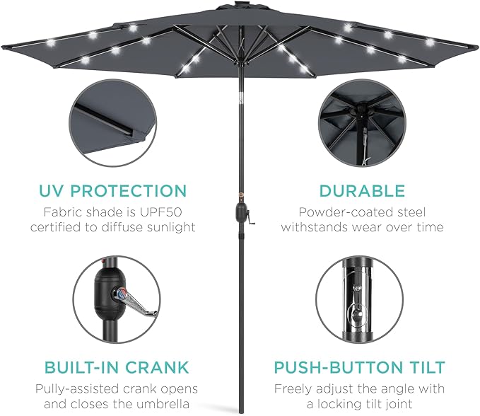 Best Choice Products 10ft Solar Polyester LED Lighted Patio Umbrella w/Tilt Adjustment and UV-Resistant Fabric - Slate